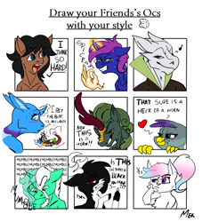 Size: 2659x2931 | Tagged: safe, artist:mekblue, imported from derpibooru, oc, oc only, oc:chris, oc:colarus, oc:diego, oc:firefly, oc:laurel crown, oc:lumis, oc:molokay, oc:wooden soldier, cat, deer, dragon, earth pony, griffon, kirin, pony, reindeer, unicorn, kirin oc, meme