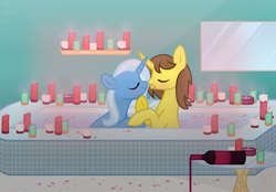 Size: 1920x1337 | Tagged: safe, artist:grapefruitface1, imported from derpibooru, trixie, oc, oc:grapefruit face, alcohol, base used, bath, bathroom, blushing, boop, candle, canon x oc, champagne, eyes closed, female, grapexie, hoof on chin, male, noseboop, romantic, shipping, show accurate, straight, wine