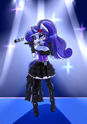 Size: 1200x1700 | Tagged: safe, artist:melliedraws, imported from derpibooru, rarity, anthro, unicorn, black dress, clothes, dress, gothic lolita, heart nostrils, microphone, one eye closed, solo, wink