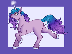 Size: 1600x1200 | Tagged: safe, artist:madamblackatto, imported from derpibooru, izzy moonbow, pony, unicorn, abstract background, female, g5, glowing horn, horn, mare, raised hoof, solo, unshorn fetlocks