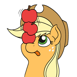 Size: 750x750 | Tagged: safe, artist:mkogwheel, imported from derpibooru, imported from ponybooru, applejack, earth pony, pony, :p, apple, applejack's hat, balancing, bust, comments locked down, cowboy hat, cute, female, food, freckles, hat, jackabetes, lowres, mare, one eye covered, picture for breezies, ponies balancing stuff on their nose, silly, silly pony, simple background, solo, that pony sure does love apples, tongue out, white background, who's a silly pony