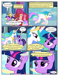 Size: 612x792 | Tagged: safe, artist:newbiespud, edit, edited screencap, imported from derpibooru, screencap, applejack, pinkie pie, princess cadance, princess celestia, twilight sparkle, alicorn, earth pony, pegasus, pony, unicorn, comic:friendship is dragons, a canterlot wedding, season 2, comic, dialogue, eyelashes, female, hoof shoes, horn, indoors, jewelry, lying down, mare, peytral, screencap comic, smiling, tiara, unicorn twilight, wings