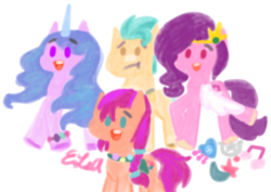 Size: 1852x1310 | Tagged: safe, artist:emilylsart, imported from derpibooru, hitch trailblazer, izzy moonbow, pipp petals, sunny starscout, earth pony, pegasus, pony, unicorn, female, g5, male, open mouth, pipp, signature, simple background, white background