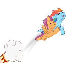 Size: 5590x4738 | Tagged: safe, artist:articfoxdraws, imported from derpibooru, rainbow dash, scootaloo, pegasus, pony, cannon, cute, cutealoo, dashabetes, flying, pony cannonball, scootaloo can fly, scootalove