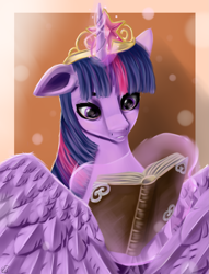 Size: 1575x2058 | Tagged: safe, artist:lfolksl, imported from derpibooru, twilight sparkle, alicorn, pony, book, crown, female, glowing horn, horn, jewelry, magic, mare, reading, regalia, simple background, solo, telekinesis, twilight sparkle (alicorn), wings