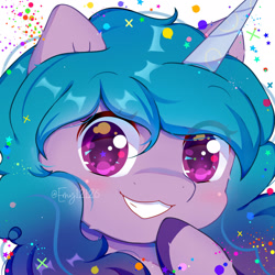 Size: 1920x1920 | Tagged: safe, artist:emyjk, imported from derpibooru, izzy moonbow, pony, unicorn, blushing, cute, female, g5, grin, izzybetes, looking at you, smiling, solo, teeth, unshorn fetlocks