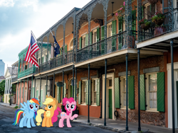 Size: 2700x2025 | Tagged: safe, artist:dashiesparkle edit, edit, editor:jaredking203, imported from derpibooru, vector edit, applejack, pinkie pie, rainbow dash, earth pony, pegasus, pony, female, irl, louisiana, mare, new orleans, photo, ponies in real life, story included, trio, vector