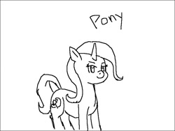 Size: 800x600 | Tagged: safe, artist:anonymous, trixie, pony, unicorn, female, horn, mare, monochrome, simple background, sketch, smiling, solo, text