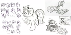 Size: 2048x1020 | Tagged: safe, artist:lauren faust, twilight sparkle, earth pony, pony, unicorn, angry, bags under eyes, behind the scenes, book, bust, character study, color me, concept art, cute, dawn, earth pony twilight, expressions, facial expressions, female, floppy ears, grayscale, happy, hourglass, mare, monochrome, open book, portrait, prone, reading, simple background, sketch, smiling, solo, study, tired, unicorn twilight, white background, window