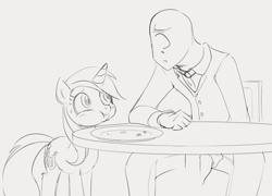 Size: 830x596 | Tagged: safe, artist:dotkwa, lyra heartstrings, oc, oc:anon, human, pony, unicorn, blushing, eating, female, food, horn, mare, monochrome, oats, plate, smiling, sweat, table