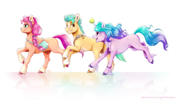 Size: 4997x2810 | Tagged: safe, artist:gaelledragons, imported from ponybooru, hitch trailblazer, izzy moonbow, sunny starscout, earth pony, pony, unicorn, spoiler:g5, spoiler:g5 movie, absurd resolution, female, g5, g5 movie, group, horn, horn impalement, hornball, male, tennis ball, trio