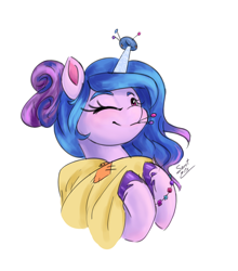 Size: 1528x1738 | Tagged: safe, artist:elisdoominika, imported from derpibooru, izzy moonbow, pony, unicorn, spoiler:g5, bracelet, bust, cute, fabric, female, g5, hair up, izzy impaling things, izzybetes, jewelry, looking at you, mare, one eye closed, pincushion, pins, portrait, simple background, smiling, smiling at you, solo, white background, wink, winking at you