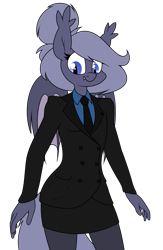 Size: 1483x2281 | Tagged: safe, artist:moonatik, imported from derpibooru, oc, oc only, oc:selenite, anthro, bat pony, bat pony oc, bat wings, business suit, clothes, fangs, female, hair bun, mare, necktie, simple background, skirt, smiling, solo, suit, transparent background, wings