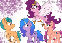 Size: 1280x880 | Tagged: safe, artist:sakurathekirin, imported from derpibooru, hitch trailblazer, izzy moonbow, pipp petals, sunny starscout, earth pony, pegasus, pony, unicorn, braid, chest fluff, ear fluff, female, g5, looking at each other, looking back, male, mare, open mouth, pipp, raised hoof, smiling, stallion, unshorn fetlocks, wings