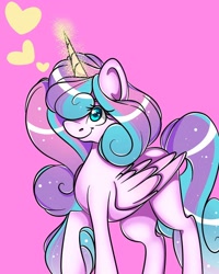 Size: 1080x1350 | Tagged: safe, artist:tessa_key_, imported from derpibooru, princess flurry heart, alicorn, pony, eyelashes, female, glowing horn, heart, horn, mare, older, older flurry heart, pink background, simple background, smiling, solo, wings
