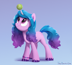 Size: 1560x1408 | Tagged: safe, artist:thebowtieone, imported from derpibooru, izzy moonbow, pony, unicorn, spoiler:g5, spoiler:g5 movie, ball, female, g4, g5, g5 movie, g5 to g4, gradient background, horn, horn guard, horn impalement, hornball, izzy's tennis ball, looking up, mare, signature, solo, tennis ball, unshorn fetlocks