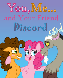 Size: 650x800 | Tagged: safe, alternate version, artist:tempestcord, imported from derpibooru, cheese sandwich, discord, pinkie pie, draconequus, earth pony, pony, cheesepie, discopie, fanfic art, female, gradient background, grin, male, nervous, nervous grin, polyamory, shipping, smiling, straight, text