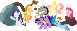 Size: 1920x779 | Tagged: safe, alternate version, artist:alexdti, imported from derpibooru, applejack, discord, fluttershy, pinkie pie, rainbow dash, rarity, tom, twilight sparkle, draconequus, earth pony, pegasus, pony, unicorn, season 2, the return of harmony, angry, apple, applejack's hat, big crown thingy, cowboy hat, crying, discorded, element of magic, female, floppy ears, food, hat, jewelry, male, mane six, mare, open mouth, pffftftpfpfffttff, pointing, raspberry noise, regalia, rock, rude, sad, simple background, sitting, teary eyes, tongue out, transparent background, unicorn twilight, vector