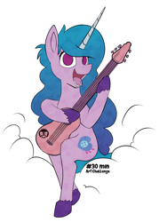 Size: 4160x5816 | Tagged: safe, artist:calena, imported from derpibooru, izzy moonbow, pony, unicorn, 30 minute art challenge, cloud, cute, female, g5, guitar, high res, izzybetes, looking at you, mare, musical instrument, open mouth, playing, simple background, sitting, solo, teeth, text, tongue out, unshorn fetlocks, white background