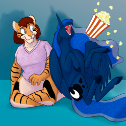 Size: 1000x1000 | Tagged: safe, artist:foxenawolf, imported from derpibooru, princess luna, oc, oc:chakat tigerbright, alicorn, chakat, original species, taur, fanfic:foreign affairs, breasts, clothes, duo, fanfic art, food, laughing, popcorn, unshorn fetlocks