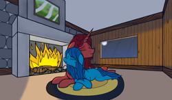 Size: 3639x2129 | Tagged: safe, artist:justapone, imported from derpibooru, oc, oc:blossom oak, oc:frolic rune, earth pony, pony, unicorn, blue coat, blue mane, carpet, colored, couple, cuddling, cute, earth pony oc, eyes closed, female, fireplace, horn, indoors, lying down, male, mat, moon, night, night sky, painting, practice drawing, red coat, red mane, scenery, shading, shading practice, sky, smiling, stars, unicorn oc, window