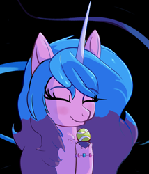 Size: 1440x1680 | Tagged: safe, artist:superhypersonic2000, imported from derpibooru, izzy moonbow, pony, unicorn, spoiler:g5, spoiler:g5 movie, blushing, chest fluff, eyes closed, female, g5, g5 movie, izzy's tennis ball, smiling, solo, tennis ball, unshorn fetlocks