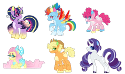 Size: 1540x908 | Tagged: safe, artist:tragedy-kaz, imported from derpibooru, applejack, fluttershy, pinkie pie, rainbow dash, rarity, twilight sparkle, alicorn, earth pony, pegasus, pony, unicorn, applejack's hat, bow, colored hooves, colored wings, cowboy hat, ethereal mane, glasses, gradient hooves, hair bow, hat, mane six, missing cutie mark, multicolored hooves, multicolored wings, ponytail, rainbow wings, raised hoof, redesign, scar, starry mane, starry wings, twilight sparkle (alicorn), wings