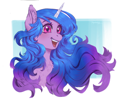 Size: 4250x3356 | Tagged: safe, artist:taytinabelle, imported from derpibooru, izzy moonbow, pony, unicorn, spoiler:g5, bust, chest fluff, crazy eyes, ear fluff, female, g5, happy, looking at something, mare, open mouth, simple background, smiling, solo