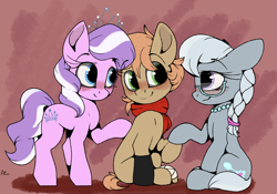 Size: 2983x2086 | Tagged: safe, artist:arume_lux, artist:luxsimx, imported from derpibooru, diamond tiara, silver spoon, oc, oc:himmel, earth pony, pony, clothes, colt, female, filly, male, scarf, trio
