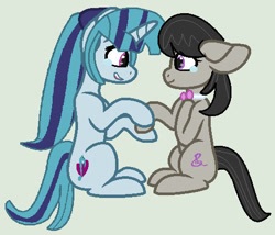 Size: 493x422 | Tagged: safe, artist:jadeharmony, artist:jadethepegasus, imported from derpibooru, octavia melody, sonata dusk, earth pony, unicorn, crying, cute, duo, duo female, female, forgiveness, hoof on chest, lesbian, open mouth, shipping, sitting, sonatabetes, sontavia, story included, tears of joy, uplifting, vector