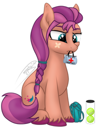 Size: 1088x1425 | Tagged: safe, artist:soctavia, imported from derpibooru, sunny starscout, earth pony, pony, spoiler:g5, annoyed, bag, bandaid, female, g5, mare, satchel, simple background, sitting, solo, tennis ball, transparent background