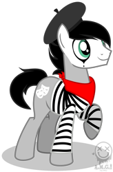 Size: 1004x1532 | Tagged: safe, artist:amgiwolf, imported from derpibooru, oc, oc only, earth pony, pony, beret, clothes, earth pony oc, face paint, hat, male, mime, neckerchief, raised hoof, simple background, smiling, solo, stallion, transparent background