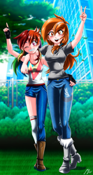 Size: 1917x3609 | Tagged: safe, alternate version, artist:mauroz, imported from derpibooru, rainbow dash, oc, oc:kayla goldenwing, human, animated, anime, clothes, commission, denim, duo, female, grass, hand on hip, humanized, jeans, one eye closed, outdoors, pants, smiling, standing, wink