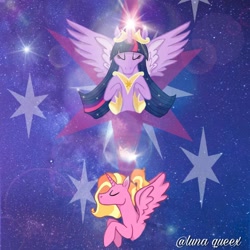 Size: 1080x1080 | Tagged: safe, artist:luna.queex, imported from derpibooru, luster dawn, twilight sparkle, alicorn, pony, the last problem, alicornified, bust, duo, ethereal mane, eyes closed, female, horn, lustercorn, mare, older, older twilight, princess twilight 2.0, race swap, starry mane, stars, twilight sparkle (alicorn), wings