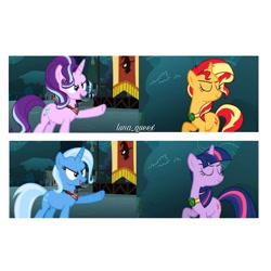 Size: 1080x1080 | Tagged: safe, artist:luna.queex, edit, edited screencap, imported from derpibooru, screencap, starlight glimmer, sunset shimmer, trixie, twilight sparkle, pony, unicorn, magic duel, alicorn amulet, female, horn, looking back, mare, outdoors, raised hoof, smiling, unicorn twilight