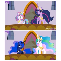 Size: 1080x1080 | Tagged: safe, artist:luna.queex, edit, edited screencap, imported from derpibooru, screencap, princess celestia, princess flurry heart, princess luna, twilight sparkle, alicorn, pony, the last problem, comparison, crown, ethereal mane, eyelashes, female, full circle, hoof shoes, jewelry, looking back, mare, older, older flurry heart, older twilight, outdoors, peytral, princess twilight 2.0, raised hoof, regalia, siblings, sisters, starry mane, twilight sparkle (alicorn)