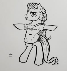 Size: 1134x1200 | Tagged: safe, artist:abronyaccount, imported from derpibooru, pony, bipedal, black and white, clothes, cocked eyebrow, grayscale, ink, ink drawing, male, monochrome, ponytail, pun, shirt, sideburns, smiling, solo, stallion, standing on two hooves, t-shirt, traditional art