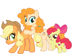 Size: 1570x1168 | Tagged: safe, artist:gmaplay, imported from derpibooru, apple bloom, applejack, pear butter, earth pony, pony, apple family member, applejack's hat, bloom butt, bow, butt, butt touch, cowboy hat, female, hat, hoof on butt, open mouth, plot, simple background, transparent background, trio, trio female, vector