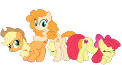 Size: 2192x1168 | Tagged: safe, artist:gmaplay, imported from derpibooru, apple bloom, applejack, pear butter, earth pony, pony, applejack's hat, bloom butt, bow, butt, butt touch, cowboy hat, eyes closed, female, hat, hoof on butt, plot, simple background, stretching, transparent background, trio, trio female