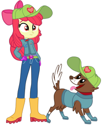 Size: 1942x2348 | Tagged: safe, artist:gmaplay, imported from derpibooru, apple bloom, winona, dog, human, equestria girls, boots, bow, cap, clothes, duo, duo female, energy drink, female, grid girl, hand on hip, hat, open mouth, race, racing, racing girl, racing suit, red bull, shoes, simple background, tongue out, transparent background, vector