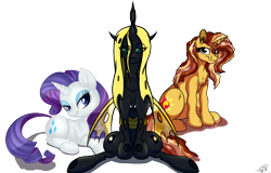 Size: 2074x1329 | Tagged: safe, artist:lupiarts, artist:missbramblemele, artist:missmele-madness, artist:mixdaponies, imported from derpibooru, queen chrysalis, rarity, sunset shimmer, changeling, changeling queen, unicorn, bacon, bacon hair, cheese, collaboration, female, food, marshmallow, meat, rarity is a marshmallow, swiss cheese, yellow changeling