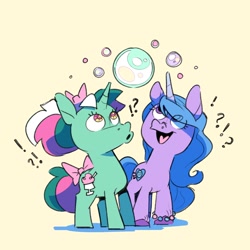 Size: 1656x1656 | Tagged: safe, artist:kylesmeallie, imported from derpibooru, fizzy, izzy moonbow, pony, twinkle eyed pony, unicorn, spoiler:g5, bow, bubble, exclamation point, female, g1, g5, hair bow, look up, looking up, open mouth, question mark, simple background, tail bow, white background