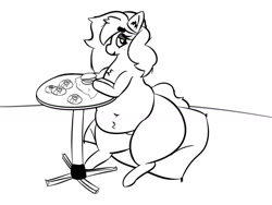 Size: 1400x1050 | Tagged: safe, artist:boilingtrees, imported from derpibooru, oc, oc only, oc:pencil test, earth pony, pony, belly, belly button, big belly, burger, fat, female, food, gift art, grayscale, monochrome, sitting, solo, table, wide hips
