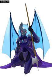 Size: 1371x2000 | Tagged: safe, artist:photy, imported from derpibooru, oc, oc only, oc:midnight harmony, anthro, bat pony, armor, bat wings, female, halberd, kneeling, night guard armor, solo, weapon, wings