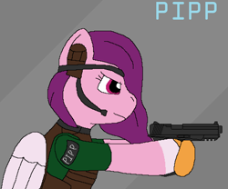 Size: 960x800 | Tagged: safe, artist:busterbuizel, imported from derpibooru, pipp petals, pegasus, pony, g5, gun, handgun, ms paint, pipp, pistol, solo, weapon