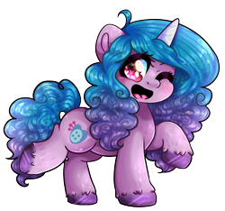 Size: 1896x1776 | Tagged: safe, artist:bl--blacklight, imported from derpibooru, izzy moonbow, pony, unicorn, chibi, female, g5, looking at you, one eye closed, open mouth, raised hoof, simple background, solo, transparent background, unshorn fetlocks, wink
