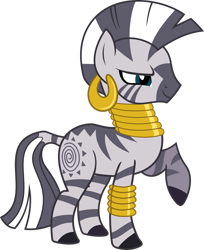 Size: 2214x2709 | Tagged: safe, artist:uxyd, imported from derpibooru, zecora, pony, zebra, bracelet, ear piercing, earring, female, high res, jewelry, leg rings, neck rings, piercing, quadrupedal, raised hoof, simple background, smiling, smirk, solo, transparent background, vector
