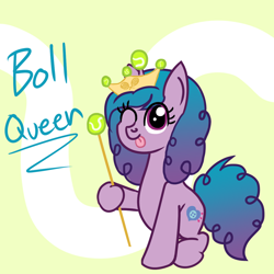 Size: 1200x1200 | Tagged: safe, artist:dafiltafish, imported from derpibooru, izzy moonbow, pony, unicorn, spoiler:g5, abstract background, ball, boll, crown, cute, female, g5, horn, horn guard, horn impalement, hornball, izzy's tennis ball, izzybetes, jewelry, looking at you, one eye closed, regalia, simple background, solo, tennis ball, text, that pony sure does love tennis balls, tongue out, wink, yellow background