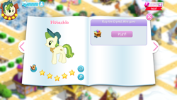 Size: 1920x1080 | Tagged: safe, imported from derpibooru, screencap, pistachio, earth pony, pony, book, gameloft, gem, stars