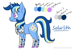 Size: 1800x1200 | Tagged: safe, artist:champion-of-namira, imported from derpibooru, oc, oc only, oc:solarlith, pony, unicorn, armor, female, mare, reference sheet, simple background, solo, white background